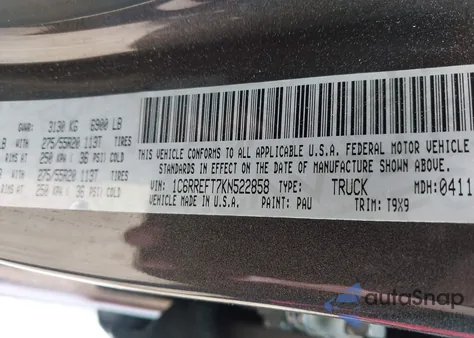 2019 Ram 1500 Big Horn/Lone Star 4X2 5'7 Box из США, поврежденный, VIN 1C6RREFT7KN522858